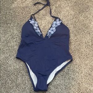 Navy Blue One-Piece Swimsuit with Floral Embroidery
